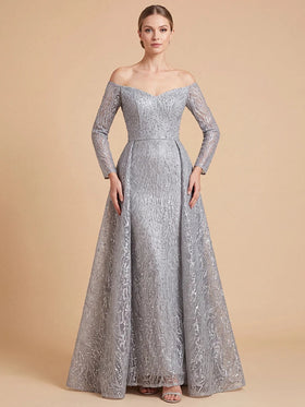 Lara 28905 Slate Off Shoulder Embroidered Overskirt Gown