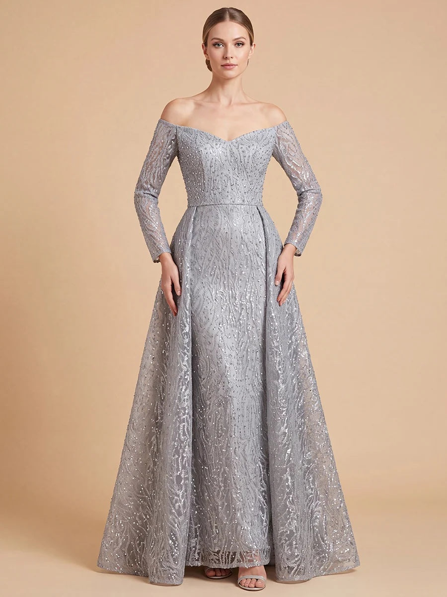 Lara 28905 Slate Off Shoulder Embroidered Overskirt Gown