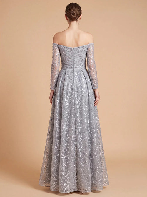 Lara 28905 Slate Off Shoulder Embroidered Overskirt Gown