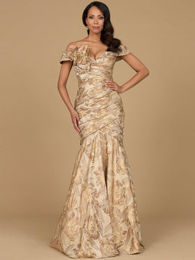 Lara 28920 Floral Print Mother of Groom Dress Off Shoulder Brocade Mermaid Evening Gown