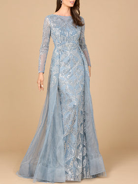 Lara 28933 Long Sleeve Beaded Evening Gown with Overskirt