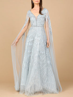 Lara 28937 Light Blue V-Neck Linear Beaded Evening Gown with Cape Sleeves