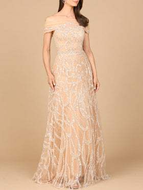 Lara 28941 Champagne Off Shoulder Beaded A-Line Gown