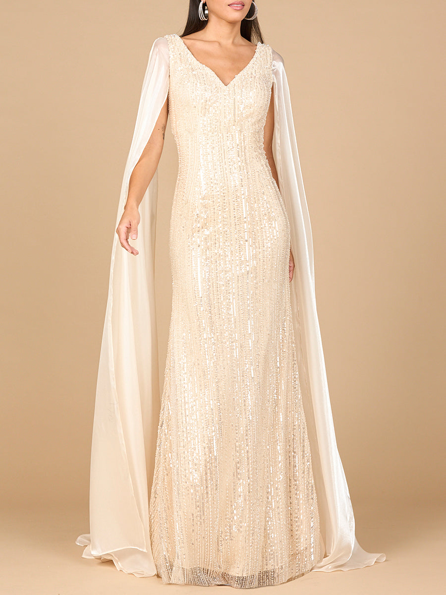 Lara 28942 Champagne Beaded V-neck Evening Gown with Satin Cape Sleeves