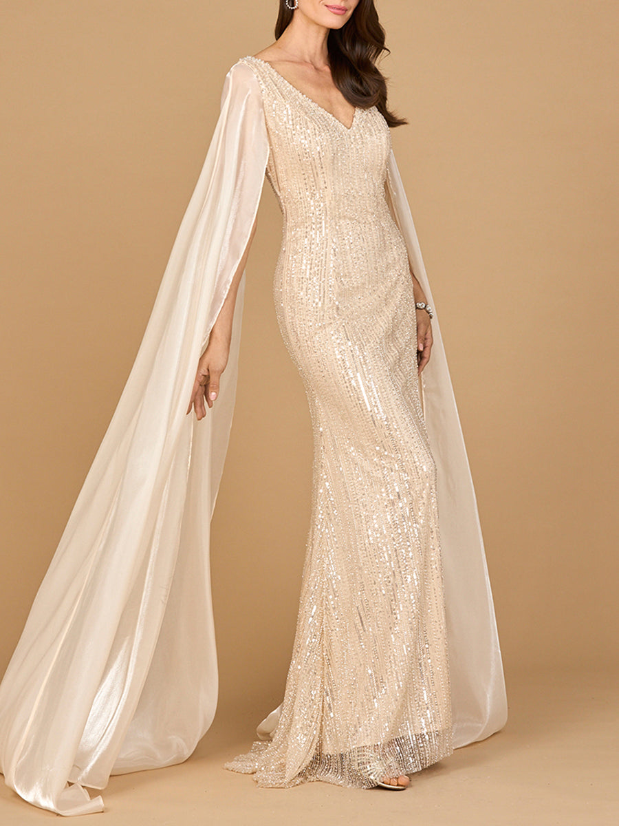 Lara 28942 Champagne Beaded V-neck Evening Gown w/ Satin Cape Sleeves