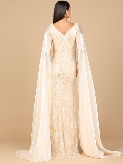Lara 28942 Champagne Beaded V-neck Evening Gown with Satin Cape Sleeves