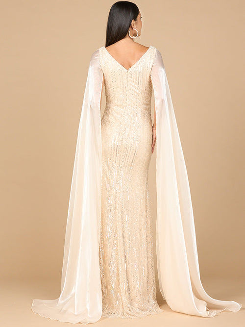 Lara 28942 Champagne Beaded V-neck Evening Gown with Satin Cape Sleeves