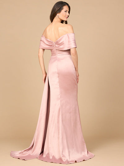 Lara 28945 Off Shoulder Satin Formal Dress Long Side Cape Mother of the Bride Dress