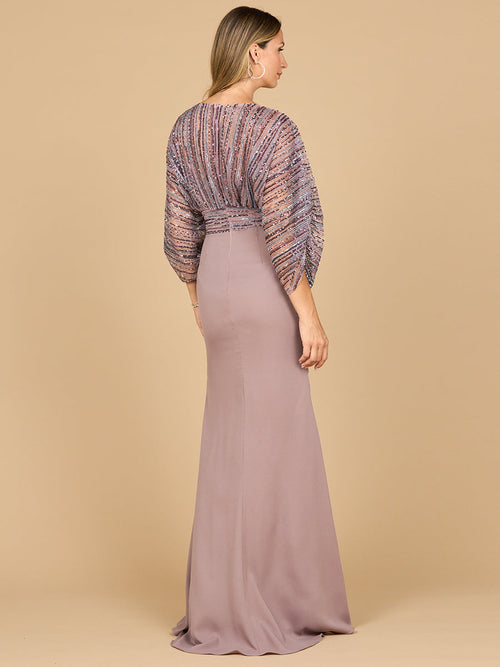 Lara 28950- Draped Skirt Gown with Cape Sleeves