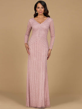 Long Sleeve Linear Beaded Gown