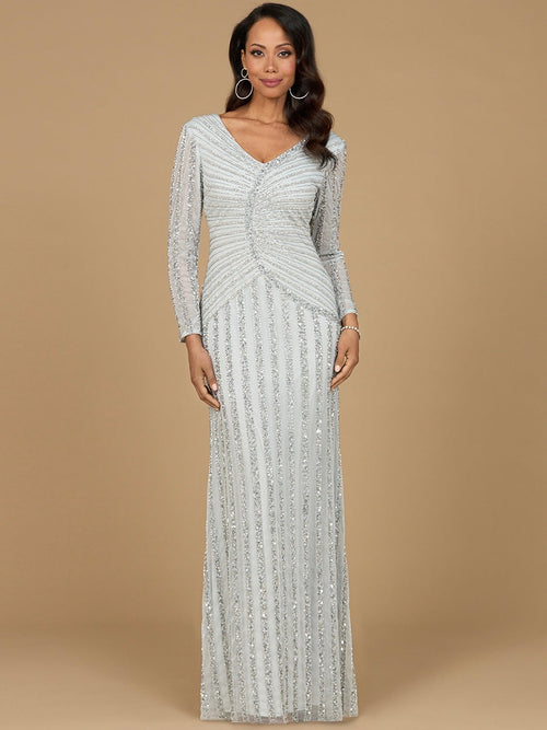 Long Sleeve Linear Beaded Gown
