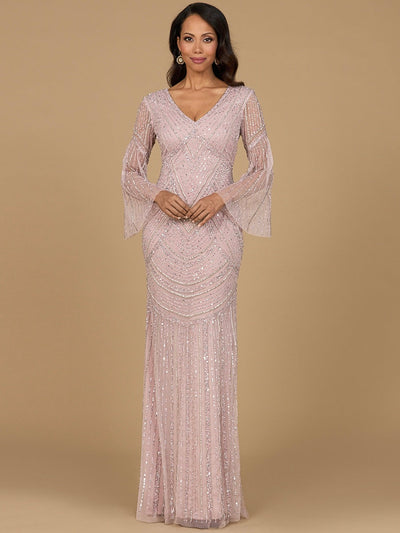 Long Sleeve Beaded Gown with Trumpet Sleeves