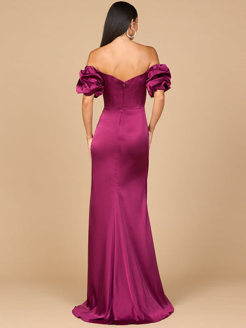 Lara 28957 Off Shoulder Satin Wedding Guest Dress with Slit
