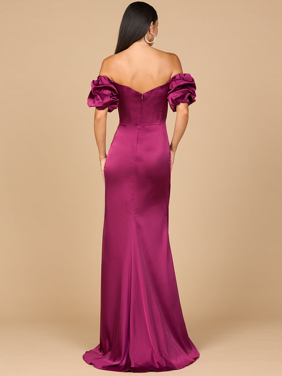 Lara 28957 Off Shoulder Satin Wedding Guest Dress with Slit