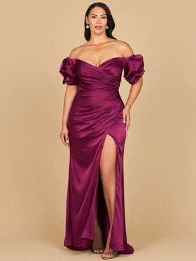 Lara 28957 Off Shoulder Satin Wedding Guest Dress with Slit