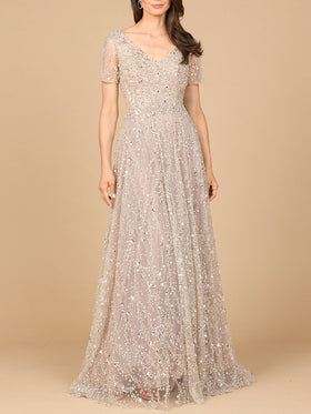 Lara 28958 Dusty Blush Short Sleeve V-Neck Beaded A-Line Gown