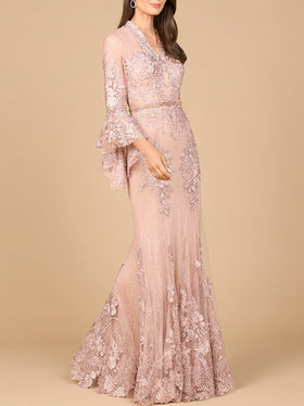 Lara 28978 V-Neck Floral Lace Bell Sleeve Mermaid Gown