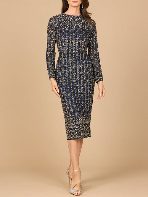 Lara 28982 Beaded Midi Mother of the Bride Dress with Long Sleeves