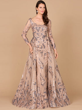 Long Sleeve Scoop Neck Lace Gown with Overskirt