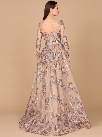 Long Sleeve Scoop Neck Lace Gown with Overskirt