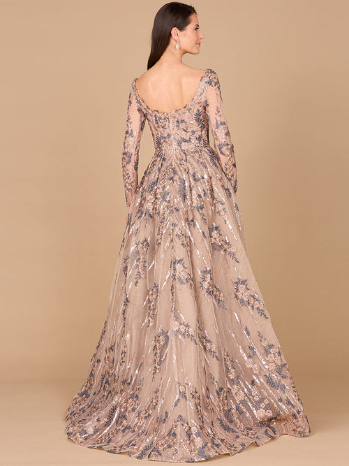 Long Sleeve Scoop Neck Lace Gown with Overskirt