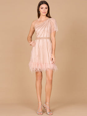 Lara 29014 Blush One Shoulder Feather Trim Cocktail Dress