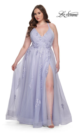 La Femme 29021 Floor-Length V-Neck Tulle A-Line Prom Dress with Side Slit and Open Back