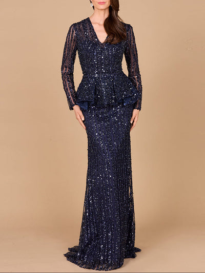 Lara 29038 Navy Blue Long Sleeve Beaded Peplum Mother of Bride Dress