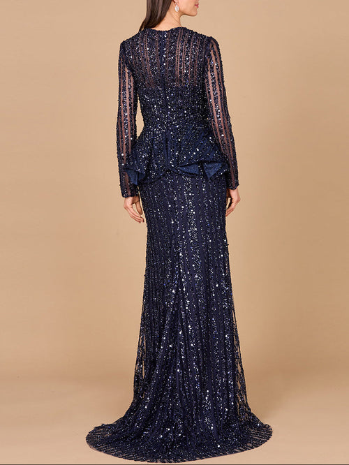 Lara 29038 Navy Blue Long Sleeve Beaded Peplum Mother of Bride Dress