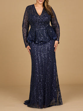 Lara 29038 Navy Blue Long Sleeve Beaded Peplum Mother of Bride Dress