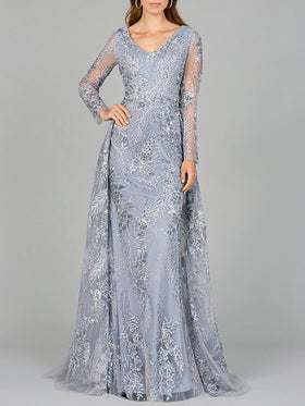 Lace Long Sleeve Gown with Overskirt