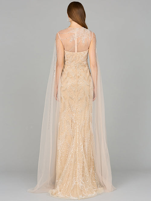 Long Cape Beaded Gown