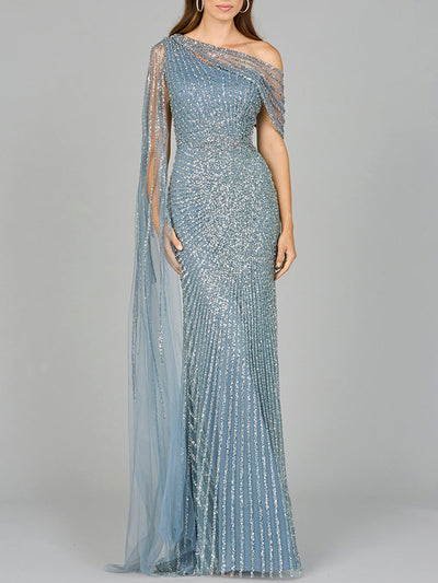 One Shoulder Fitted Gown with Cape Sleeve
