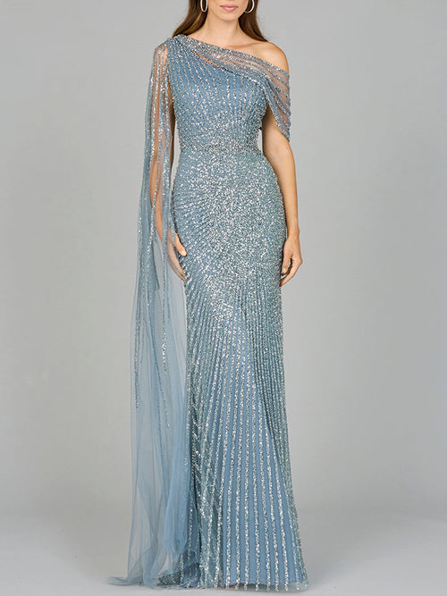 One Shoulder Fitted Gown with Cape Sleeve