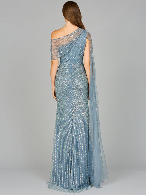 One Shoulder Fitted Gown with Cape Sleeve