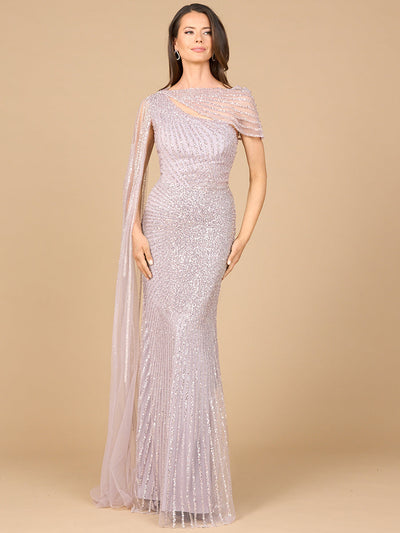 One Shoulder Fitted Gown with Cape Sleeve