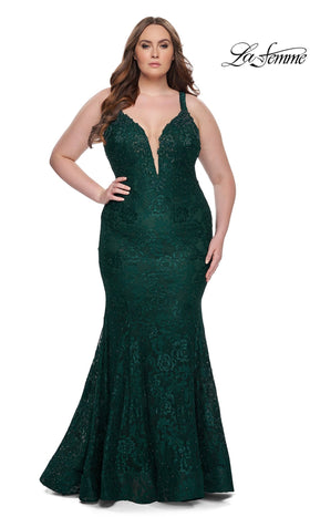 La Femme 29052 Floor-Length Plunging V-Neck Floral Lace Prom Dress