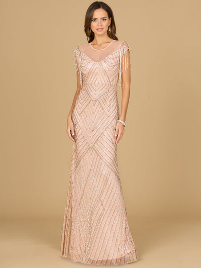 Beaded Fringe Illusion Dress with Cap Sleeves