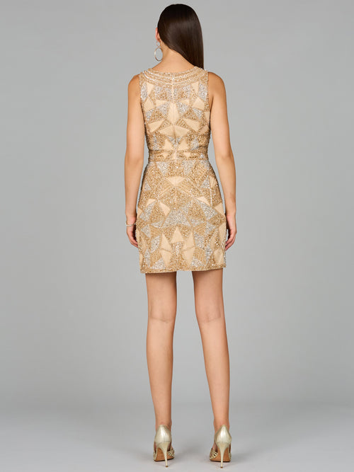 Lara 29056 V-Neck Beaded Mini Cocktail Dress with Fringe Details