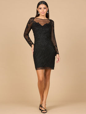 Lara 29061 Long Sleeve Illusion Neckline Beaded Cocktail Mini Dress