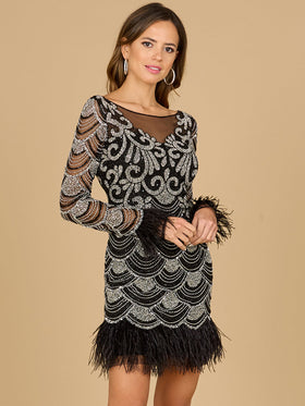 Lara 29066 Black and Silver Long Sleeve Beaded Short Dress with Feathers