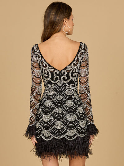 Lara 29066 Black and Silver Long Sleeve Beaded Short Dress with Feathers