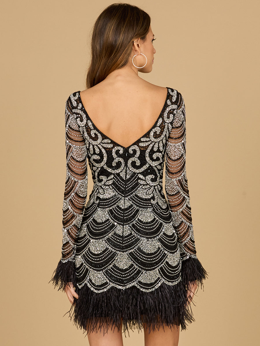Lara 29066 Black and Silver Long Sleeve Beaded Short Dress with Feathers