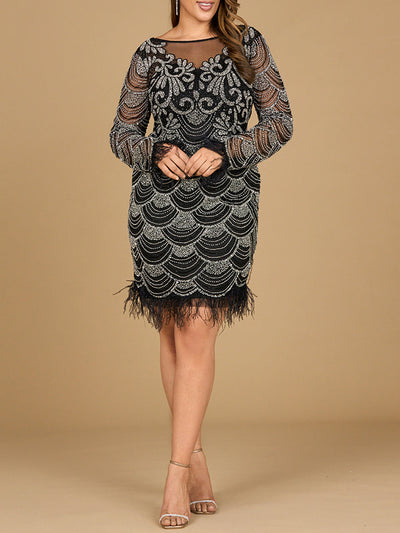 Lara 29066 Black and Silver Long Sleeve Beaded Short Dress with Feathers