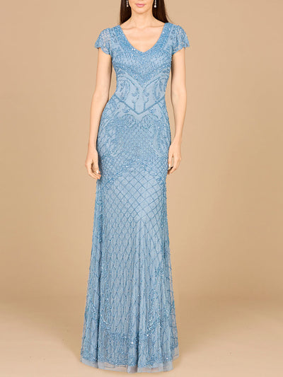 Lara 29073 Beaded Cap Sleeve Formal Evening Gown With V-Neckline
