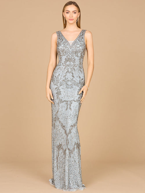 Lara 29076 Slate V-Neck Floral Beaded Gown