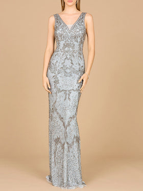 Lara 29076 Slate V-Neck Floral Beaded Gown