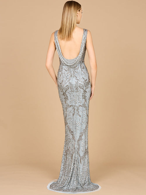 Lara 29076 Slate V-Neck Floral Beaded Gown