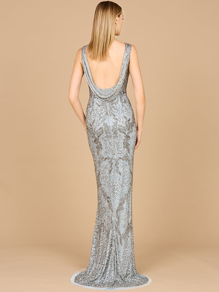Lara 29076 Slate V-Neck Floral Beaded Gown
