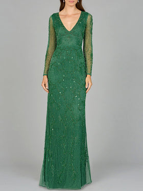 Lara 29078 Forest Green Long Sleeve V-Neck Beaded Gown - Outlet
